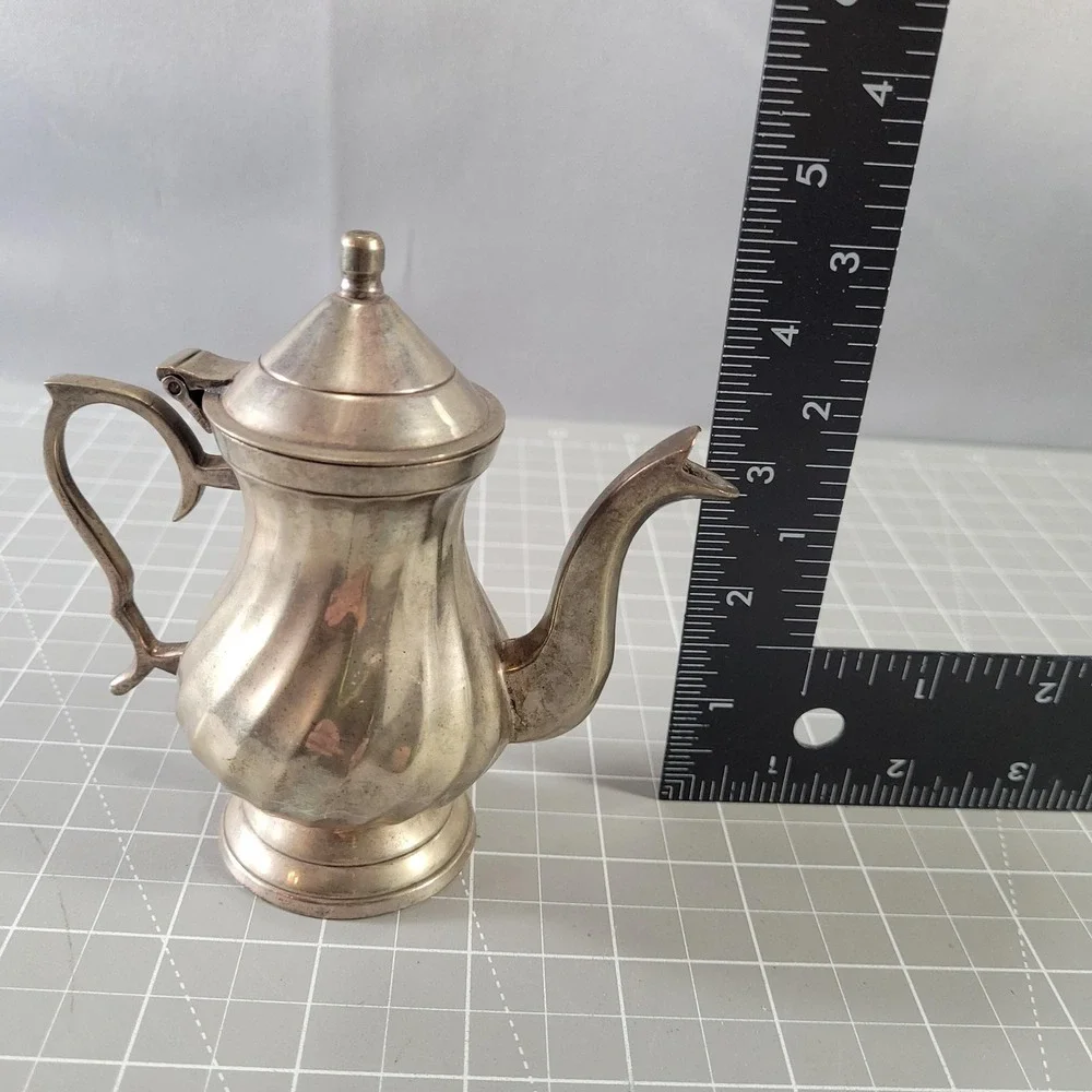 Mini Silver Brass Metal Teapot Coffee Pot Hinged Lid Victorian Style India Decor